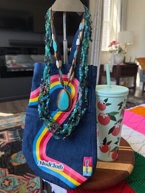 4 pc bundle ModCloth Denim Tote ,tumbler, 2 necklace